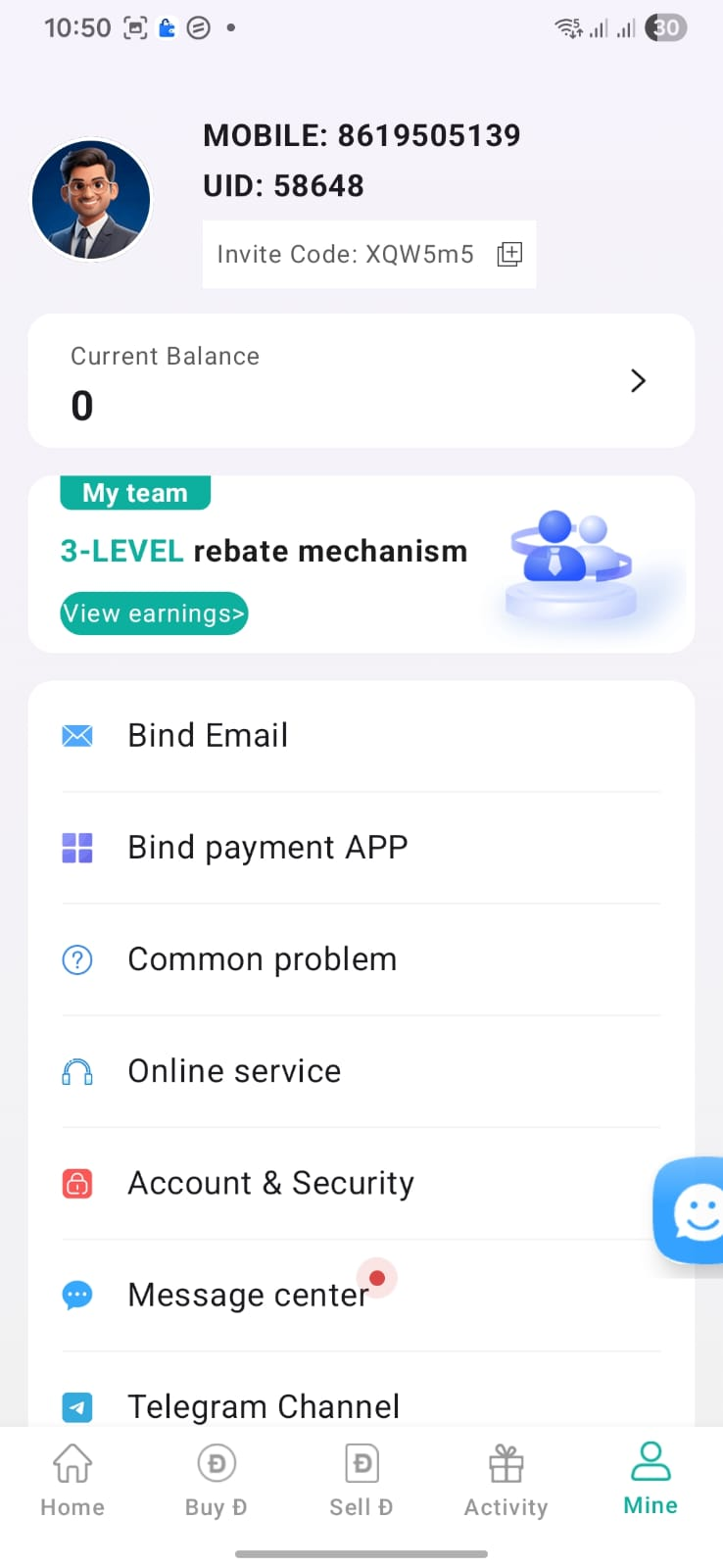 WD Pay profile screen showing invite code, balance and support options